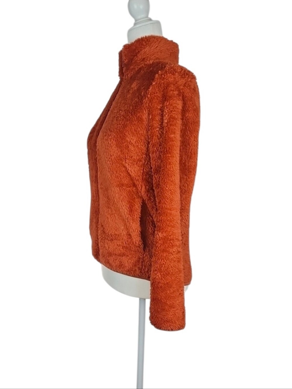 Warm Fuzzy Fleece Rust Terracotta Orange Zip Sweater Jacket Fall Autumn Cozy, XS - Picture 3 of 8